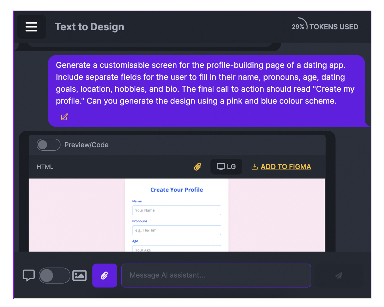 How to make the most of Figma AI: the best features, functions and plugins 35 Screenshot of experimenting with different prompts within Figma Text To Design feature