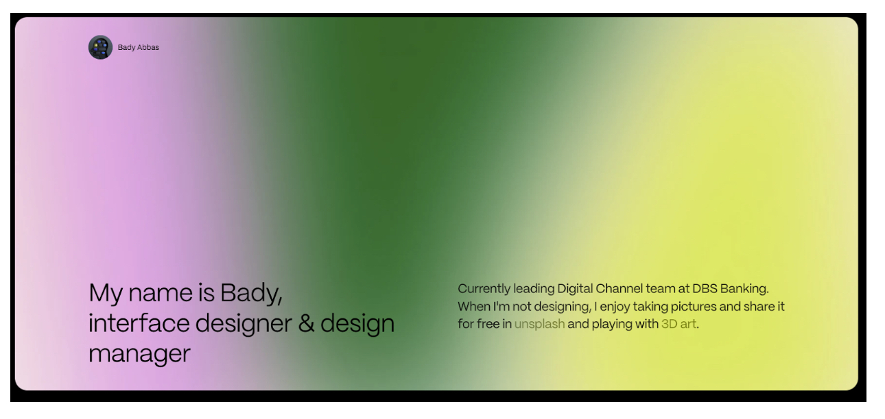 How to create the best UI design portfolio: 10 tips and best practices 2 Screenshot of Bady Abbas’ simple but impactful home page: