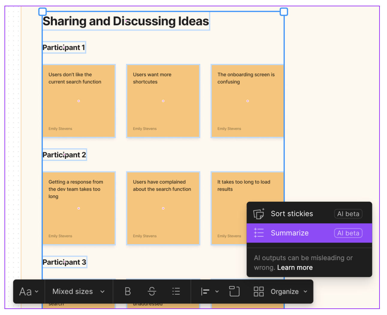 How to make the most of Figma AI: the best features, functions and plugins 7 Screenshot of how to summarise sticky notes on FigJam
