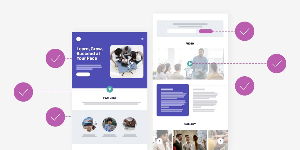A web page layout with check icons indicating compliance with accessibility and design standards.