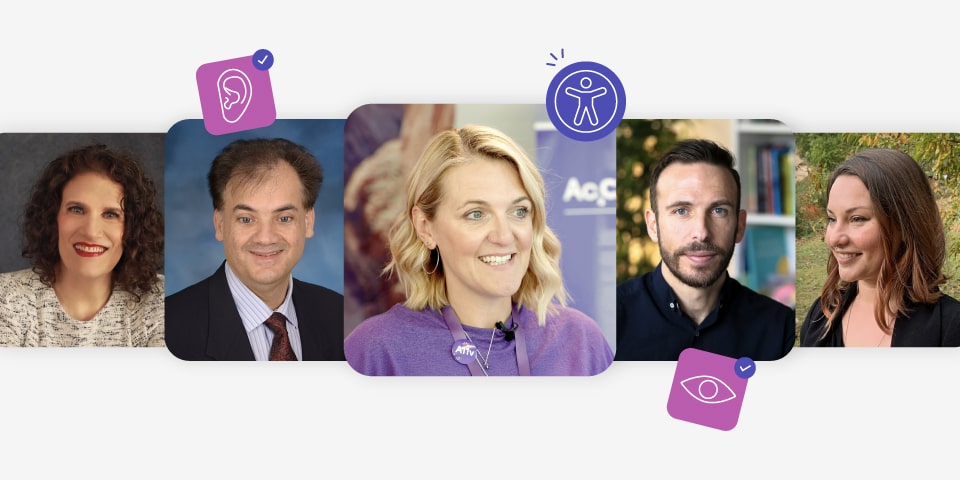 Five accessibility experts who contributed to the course, shown in individual portraits. Accessibility-related icons highlight their expertise.
