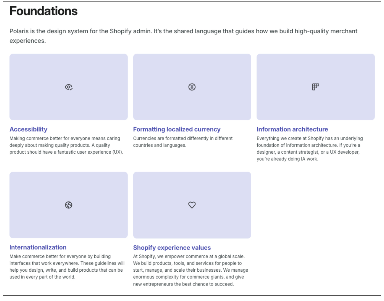 What is a design system and why is it useful? 5 Screenshot of page from Shopify’s Polaris Design System on the foundation of the system.
