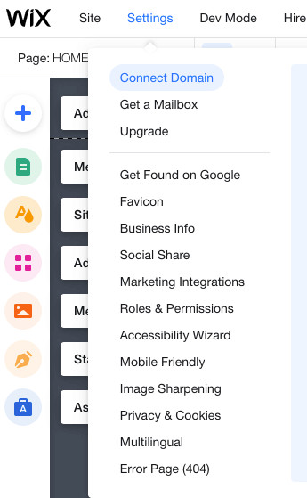 How to create a UX portfolio from scratch: Your step-by-step guide 4 Wix settings menu