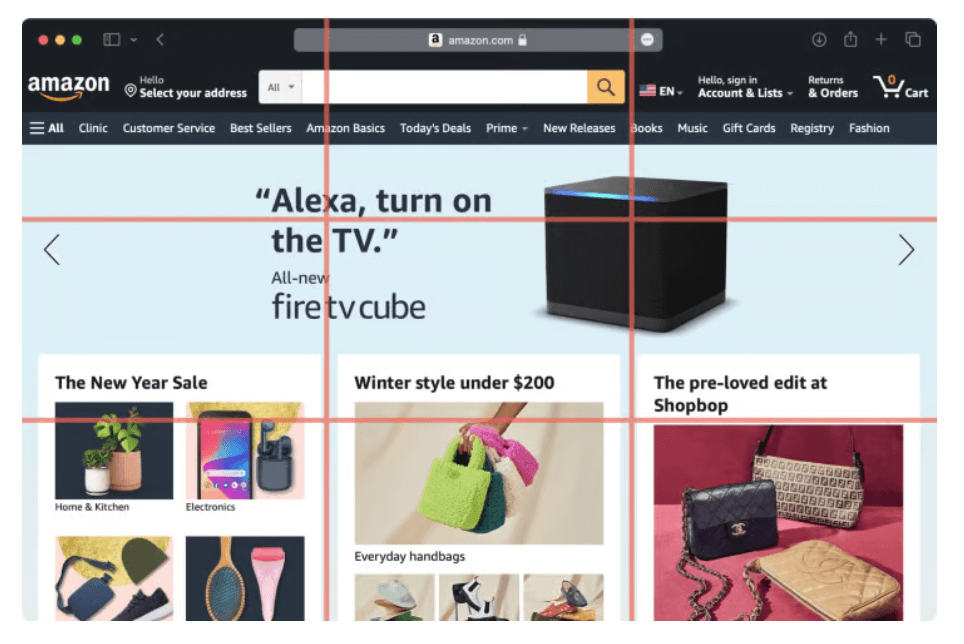 What is the rule of thirds in UX/UI design? A complete guide on how to use it 5 screenshot of amazon website