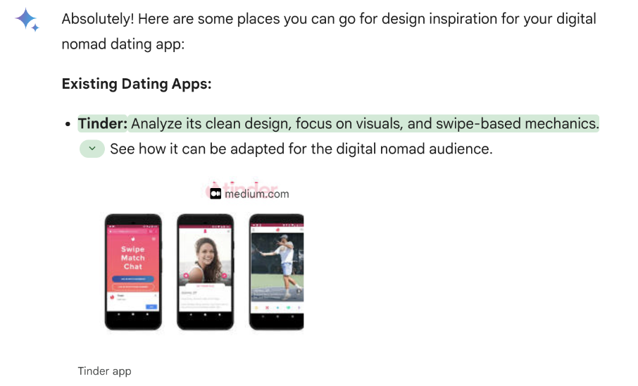 What is Gemini AI (formerly known as Bard AI) and how can you use it to become a better UX designer? 16 Screenshot of Gemini AI responding to design inspiration request