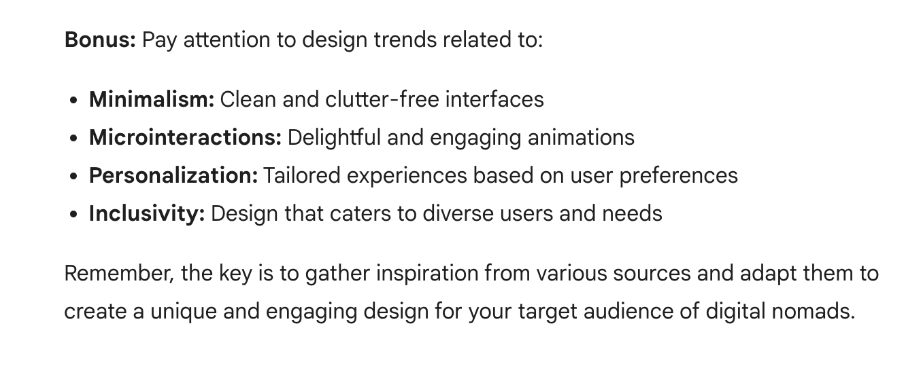 What is Gemini AI (formerly known as Bard AI) and how can you use it to become a better UX designer? 18 Screenshot of Bard/Gemini AI responding to design inspiration request