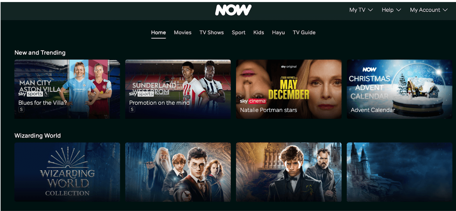 The ultimate guide to card design for UI (with examples) 2 Screenshot of home screen for Now TV, a British streaming service