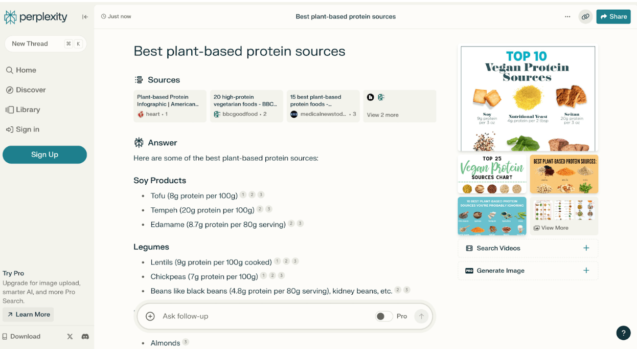 What is Perplexity AI and how can you use it in the design process? 2 Responding to the query about the Best plant-based protein sources.