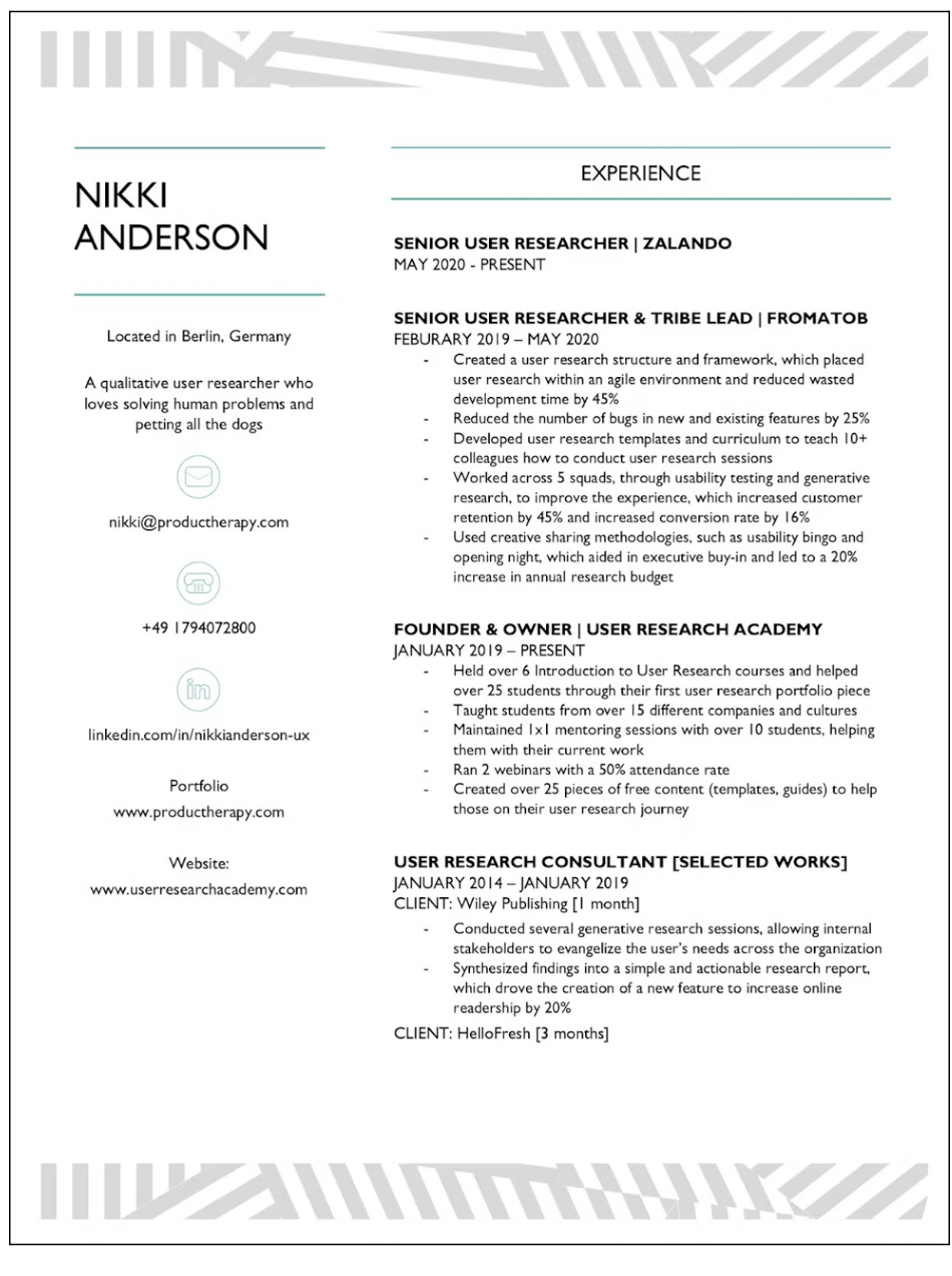 Top tips for perfecting your UX researcher resume 2 screenshot of CV template