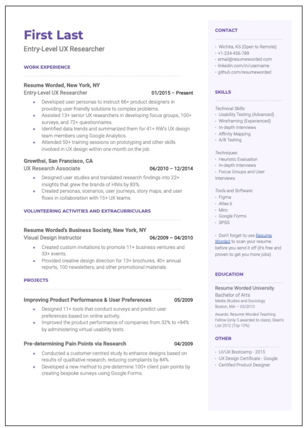 Top tips for perfecting your UX researcher resume 5 screenshot of CV template